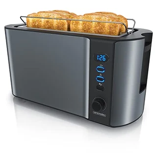 Edelstahl Toaster Langschlitz 4 Scheiben, Defrost, wärmeisolierendes Gehäuse, mit integriertem Brötchenaufsatz, 1500W, Krümelschublade, Display, Cool