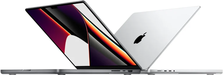 MacBook Pro-Modelle mit M1 Pro und M1 Max nebeneinander und seitlich